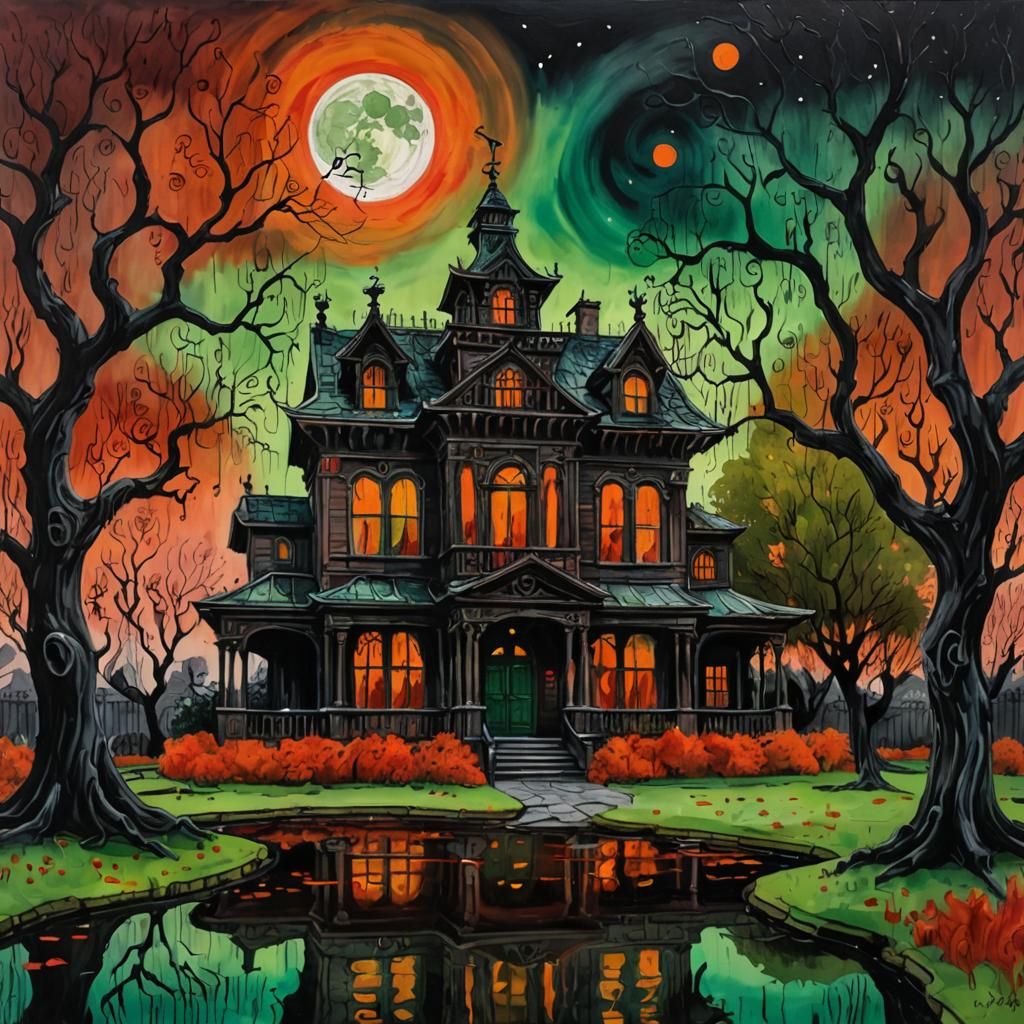 Haunted Mansion in Burton-esque Watercolour Impasto Style