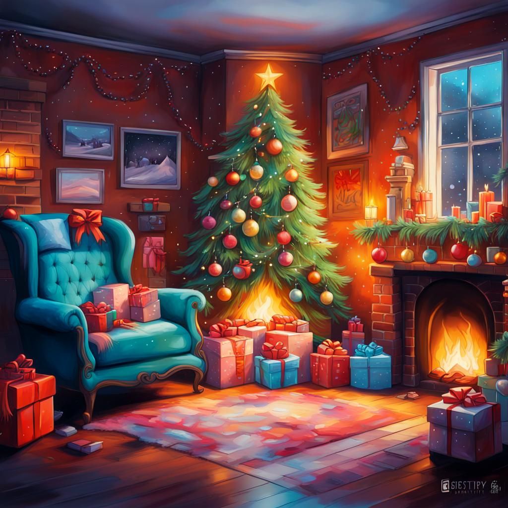 Festive Christmas Living Room in Graffiti Art Style