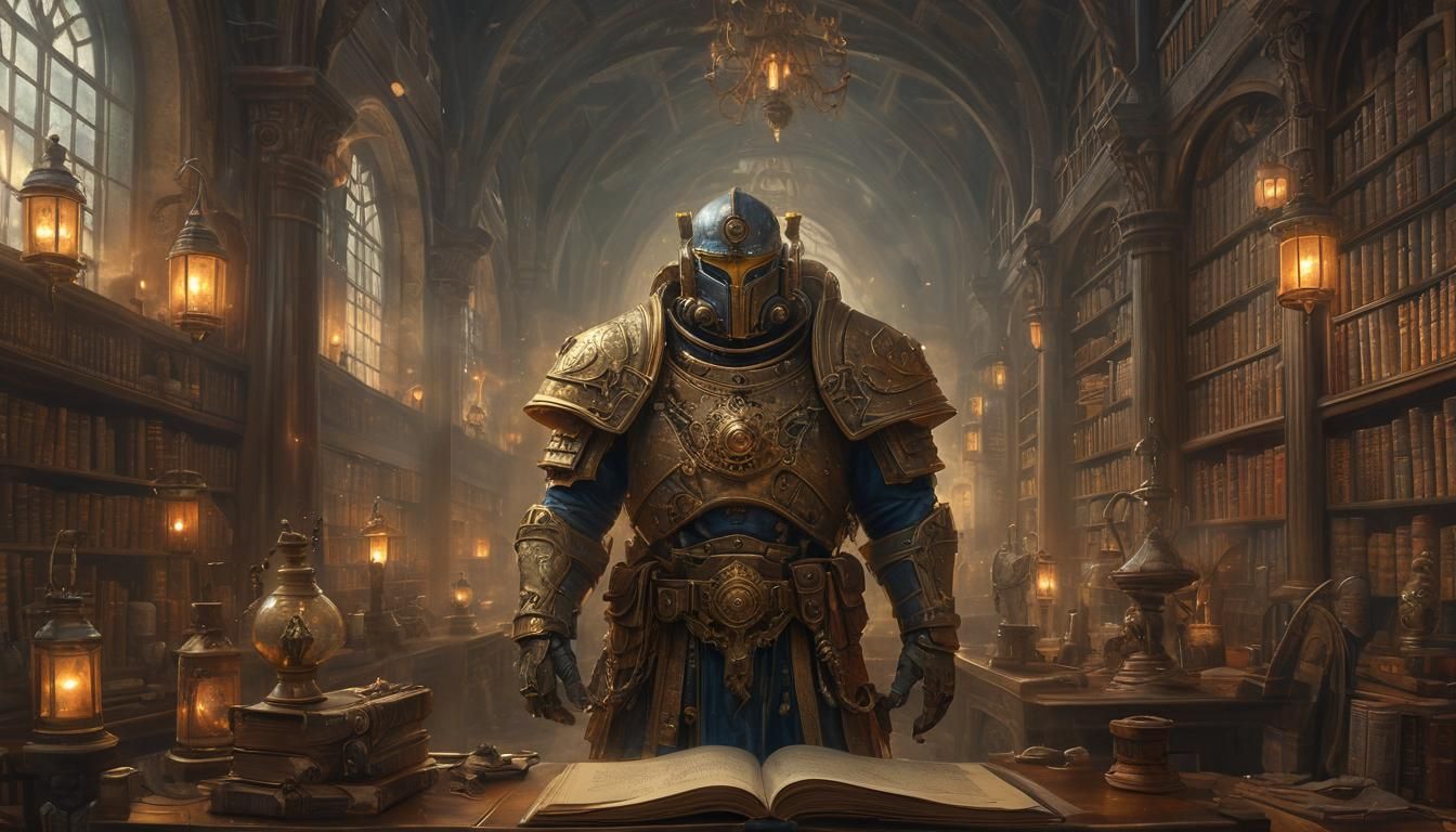 Ethereal Techmarine Portrait in Ancient Library