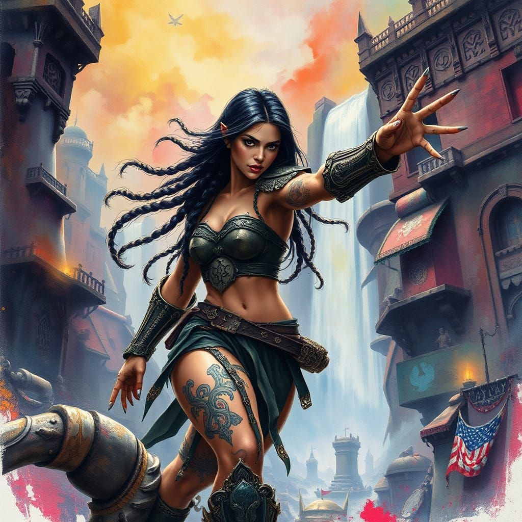 Dynamic Latina Warrior in Dystopian Watercolor City