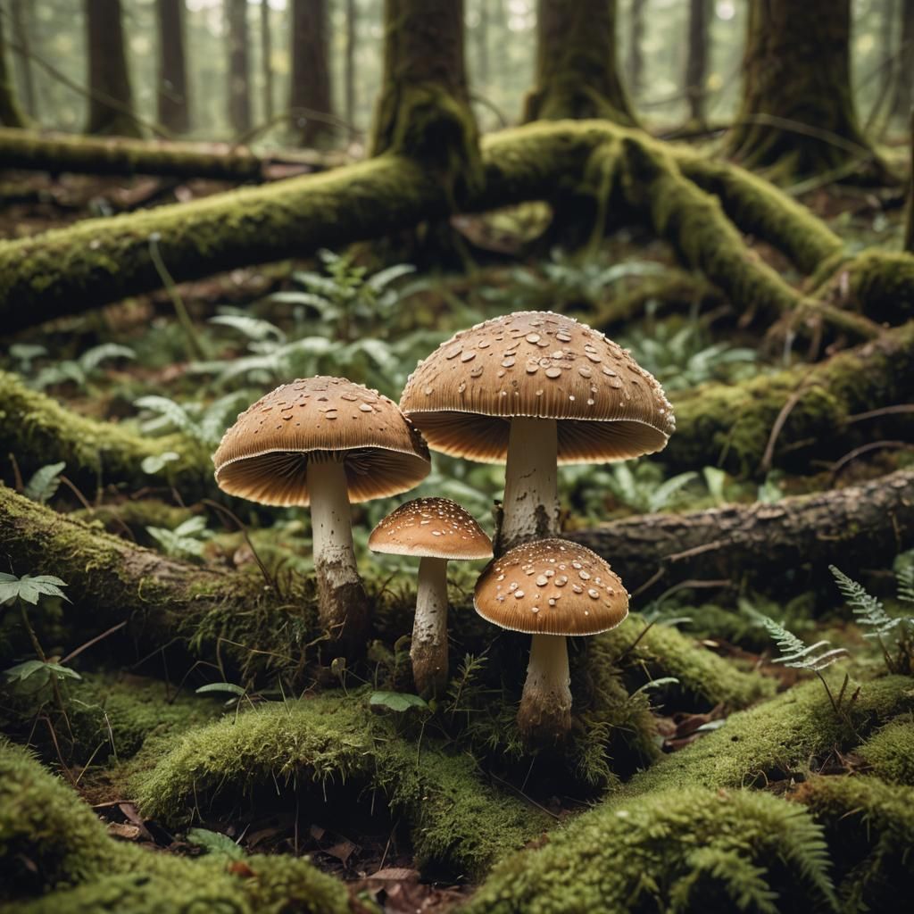 Mushroom Figures in Mossy Forest: Macro Photography