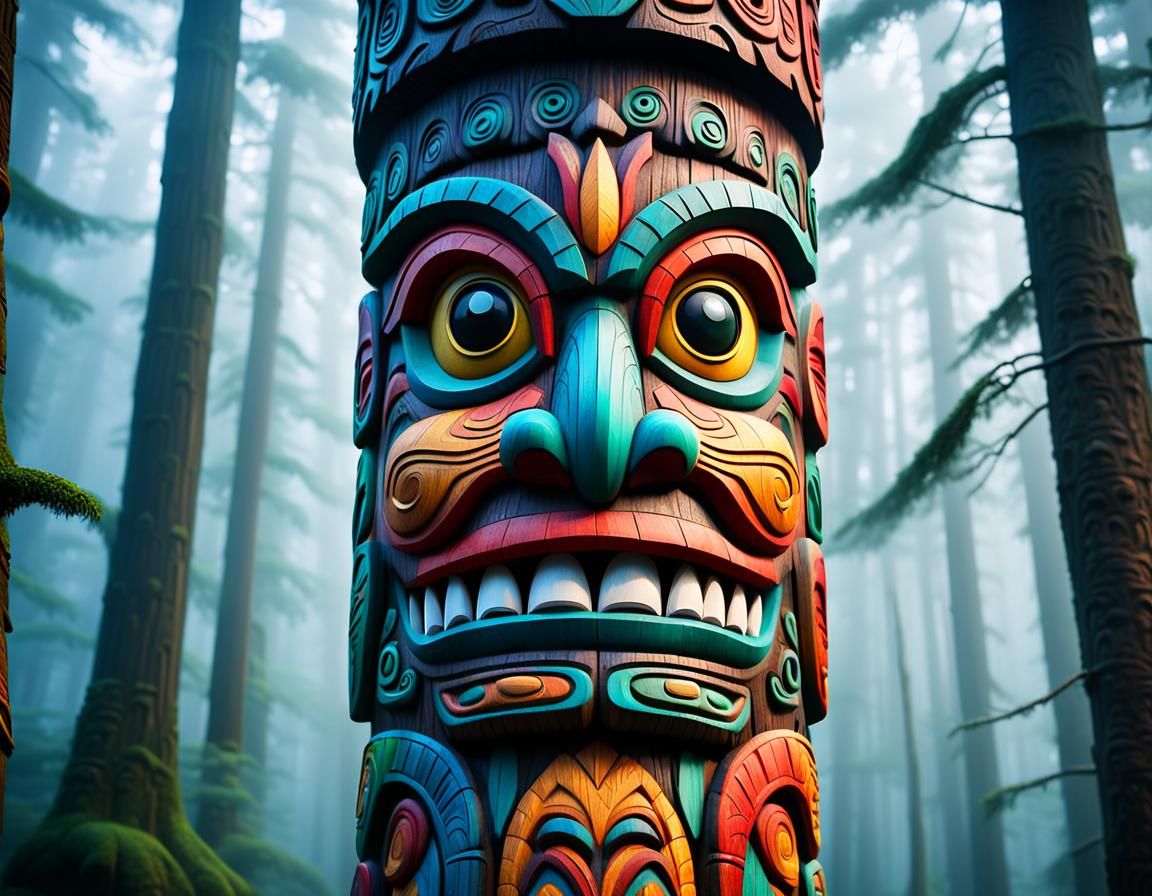 Disney Style Totem Pole in Misty Forest