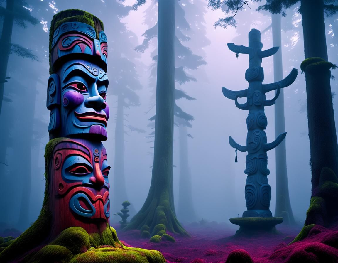 Disney Style Totem Pole in Misty Forest