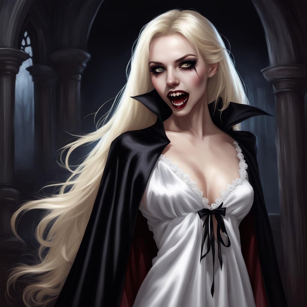 Blonde Vampire girl white satin nightgown