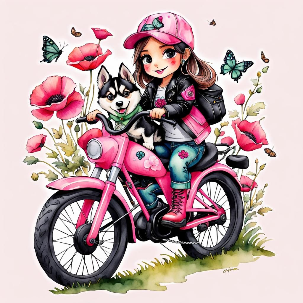 Chibi Girl on Bicycle: Watercolor and Ink Illustration