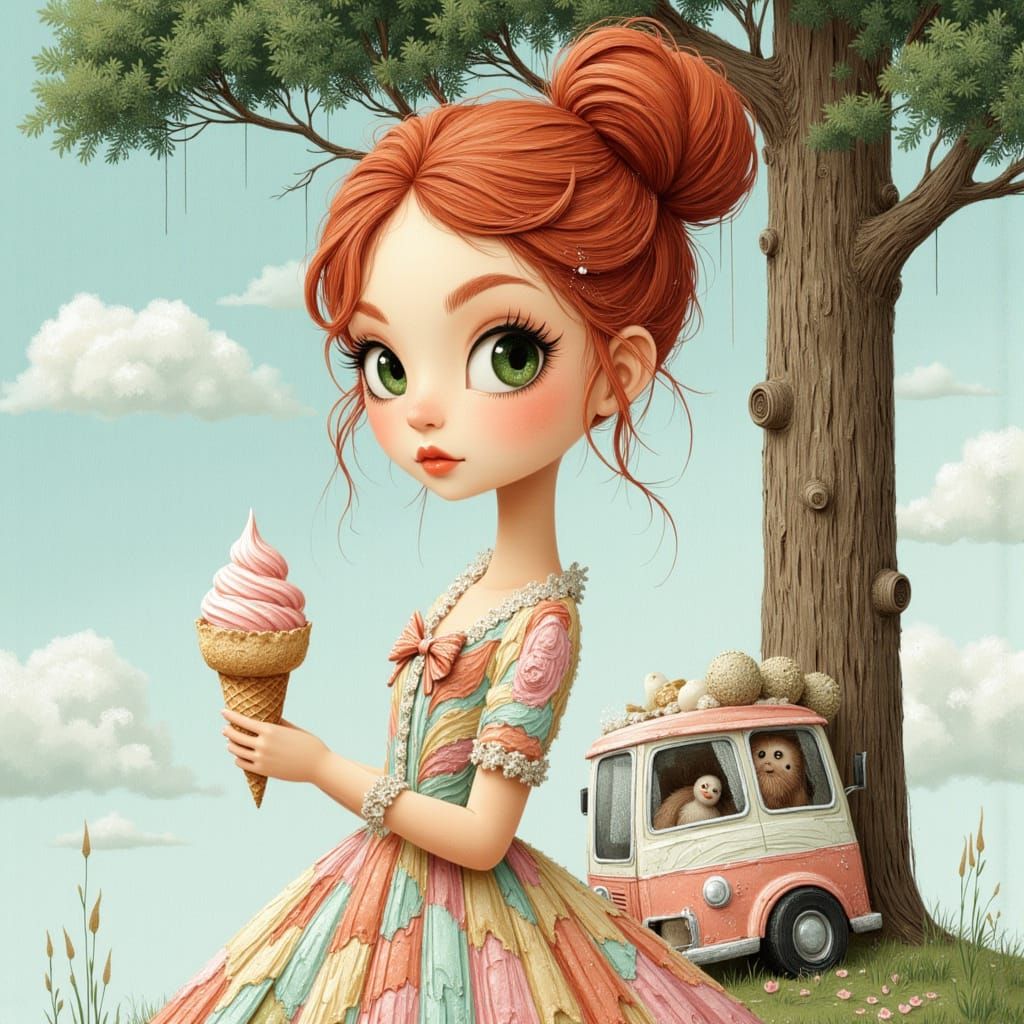Redhead Woman with Ice Cream in Whimsical Scene