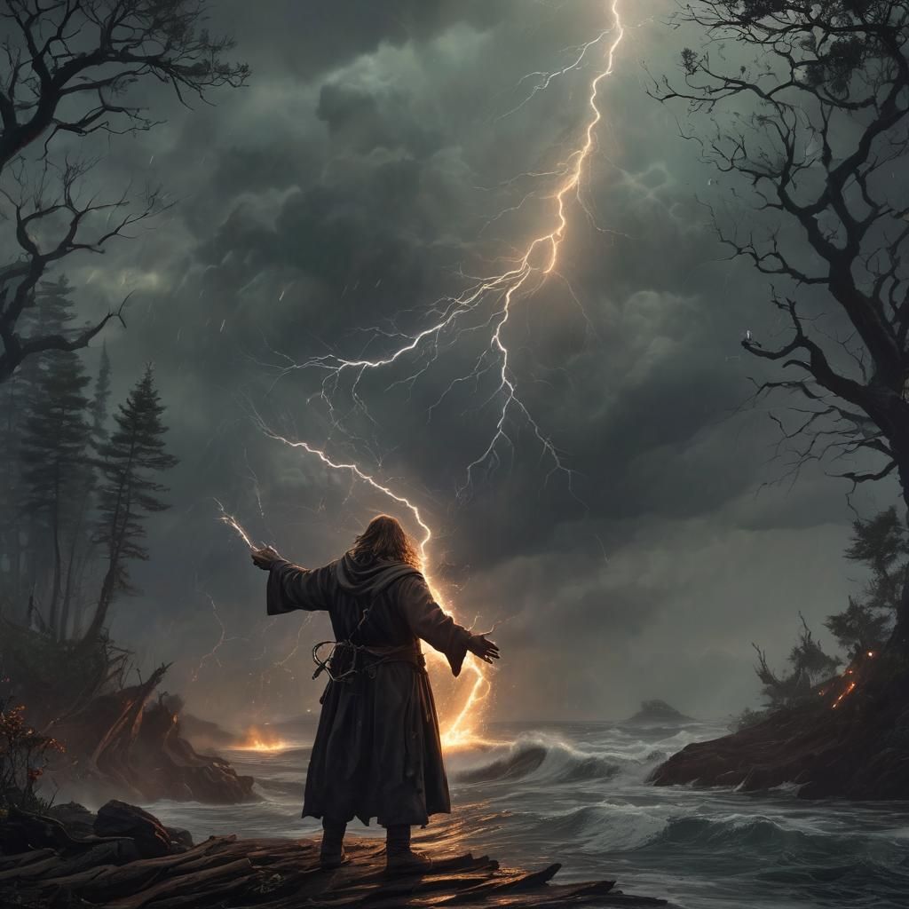 Sorcerer Casting Spell Before Stormy Sea