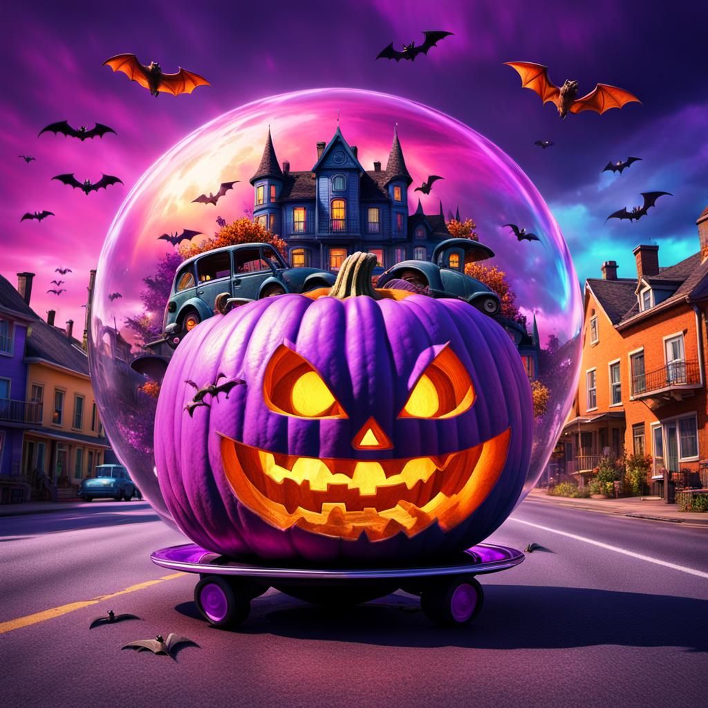 Surreal Pumpkin Car Floats Over Spooky Town