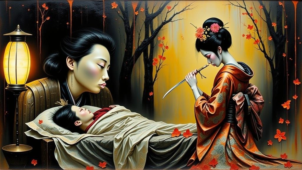 Traditional Japanese Geisha in Stealth Mode, Impasto Paintin...