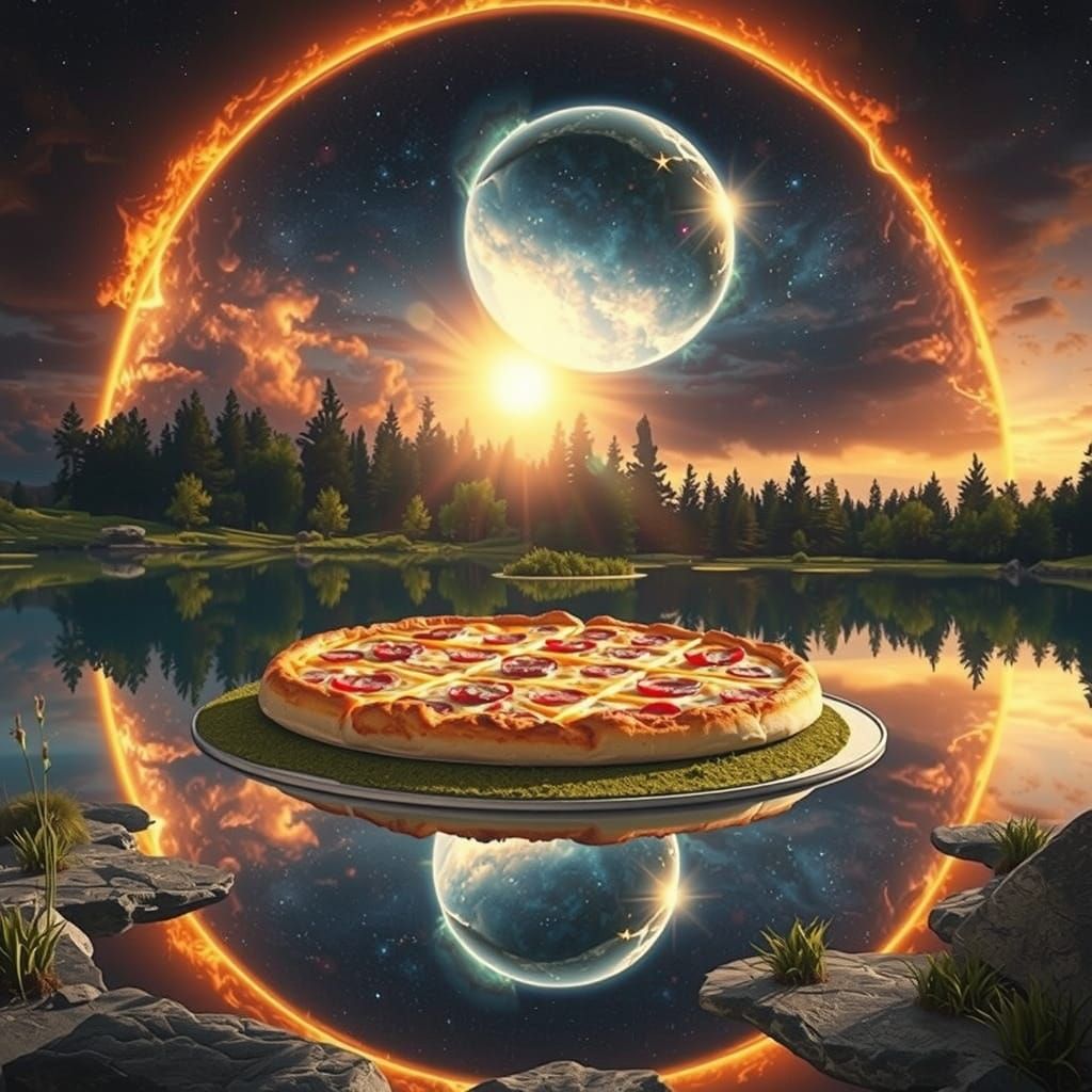 Giant Pizza Solar Eclipse in Mirrored Lake