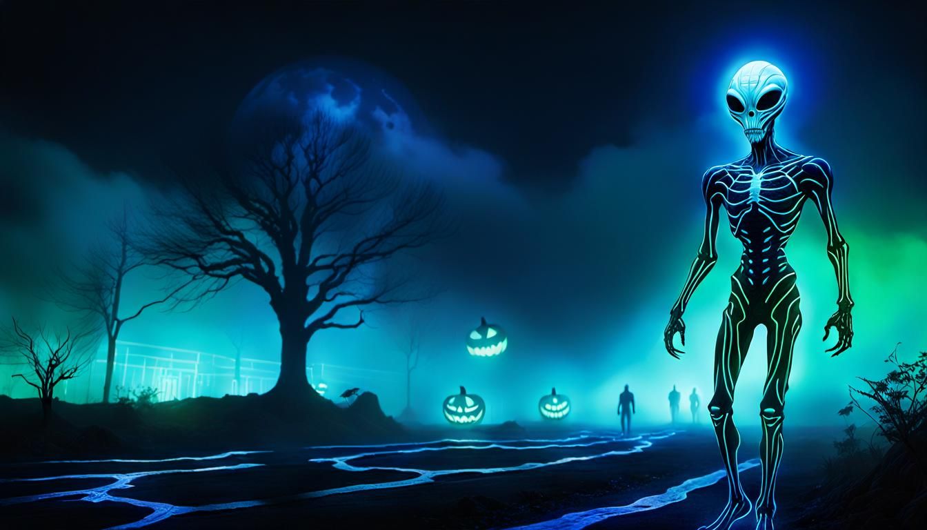 Surreal Alien Jack-o'-Lantern in Electric Art Style