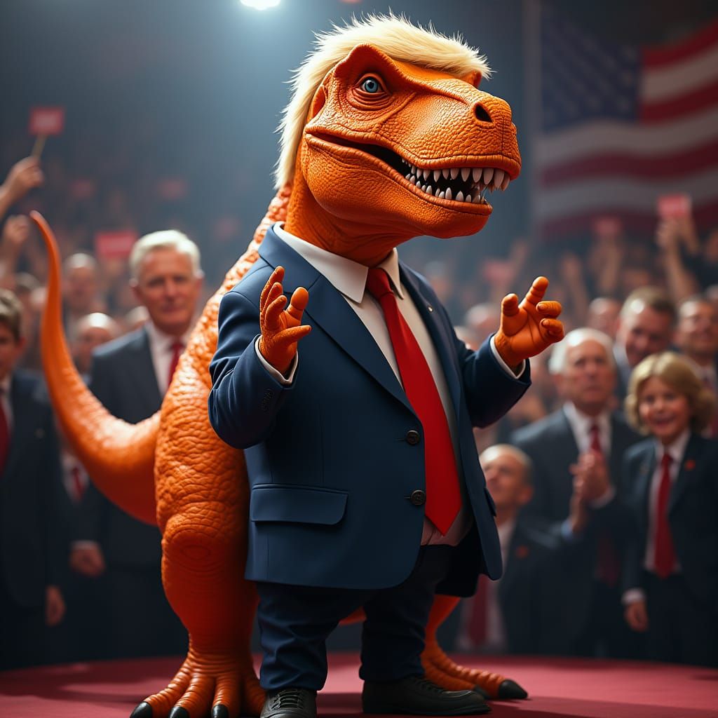 Trump as Tyrannosaurus Rex in a Futuristic Rally Setting