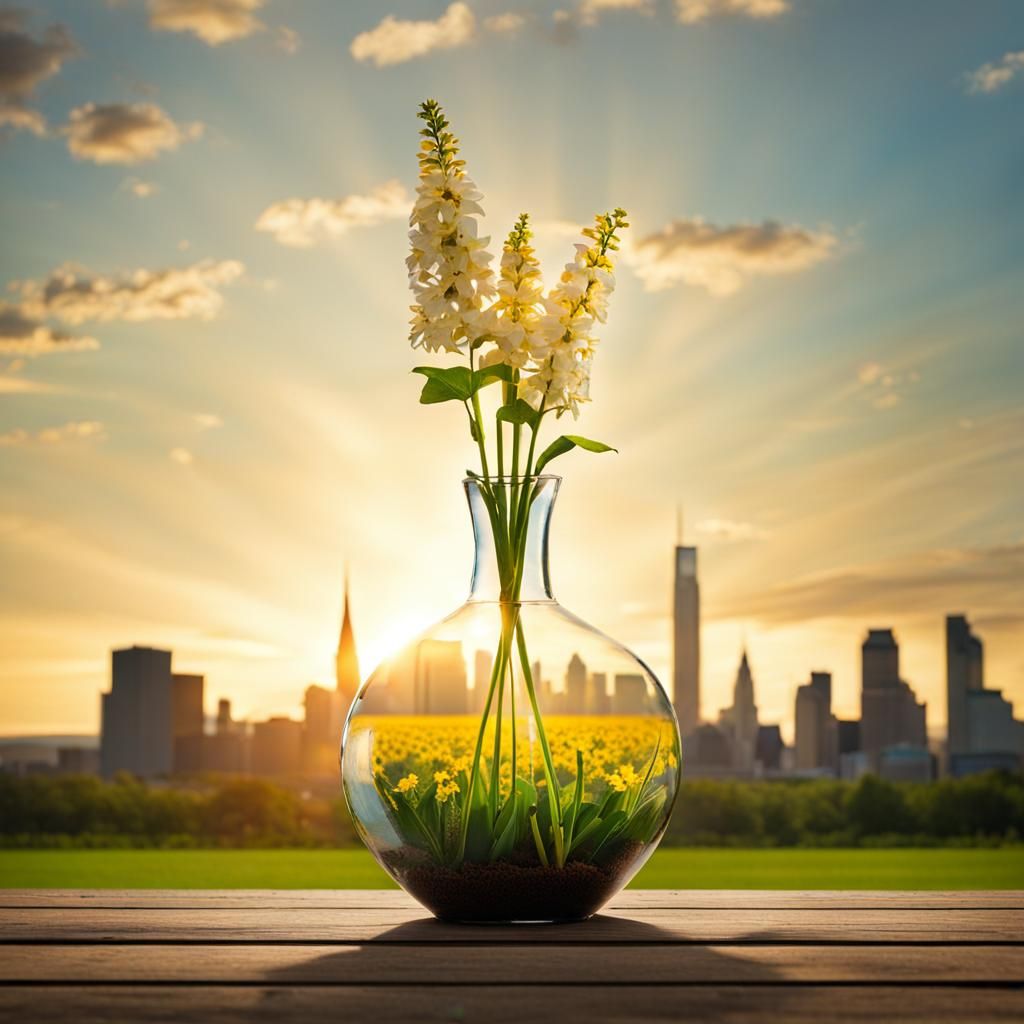 Dreamy Cityscape in Vase Bathed in Light