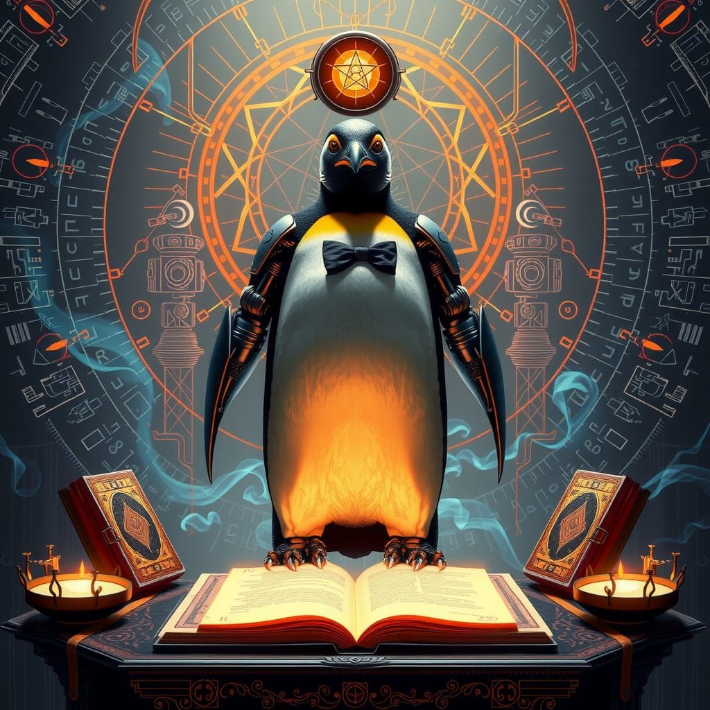Cyborg Penguin High Priest Amidst Futuristic Altar