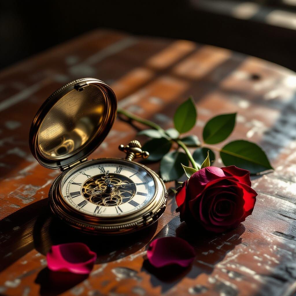Ornate Pocket Watch and Wilting Rose on Dusty Table