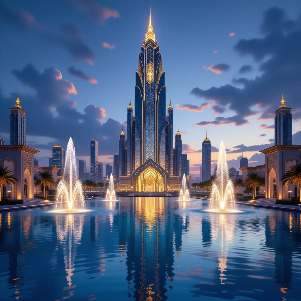A stunning, futuristic cityscape featuring an ornate, toweri...
