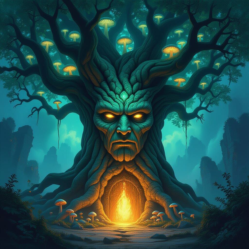 Mystical Tree with Face in Dark Fantasy Realm
