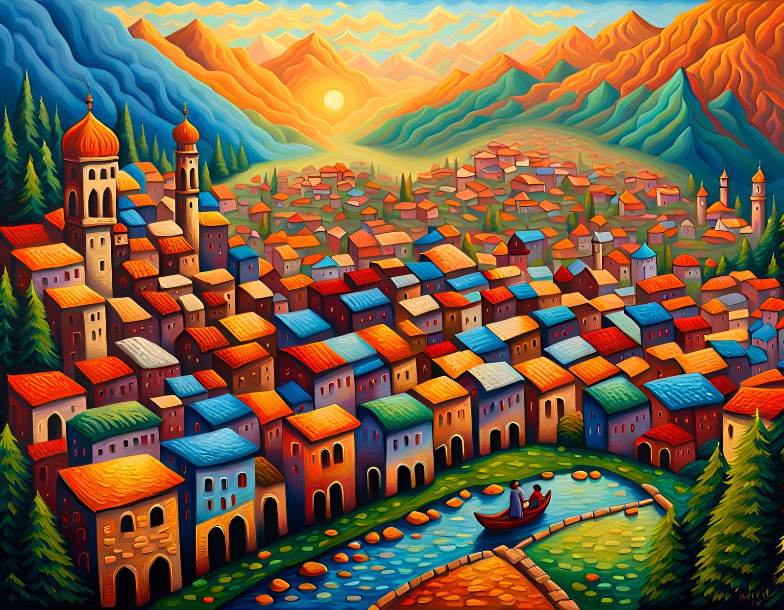 Fantasy City with Flying Carpets, Neo-Impressionist Style