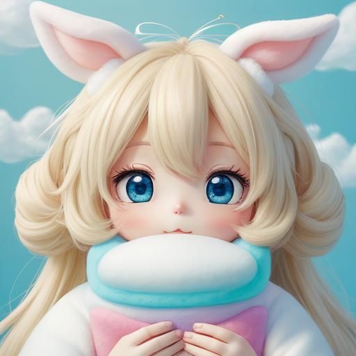 Kawaii Baby Bunny Goddess on Cloud in Pastel Colors