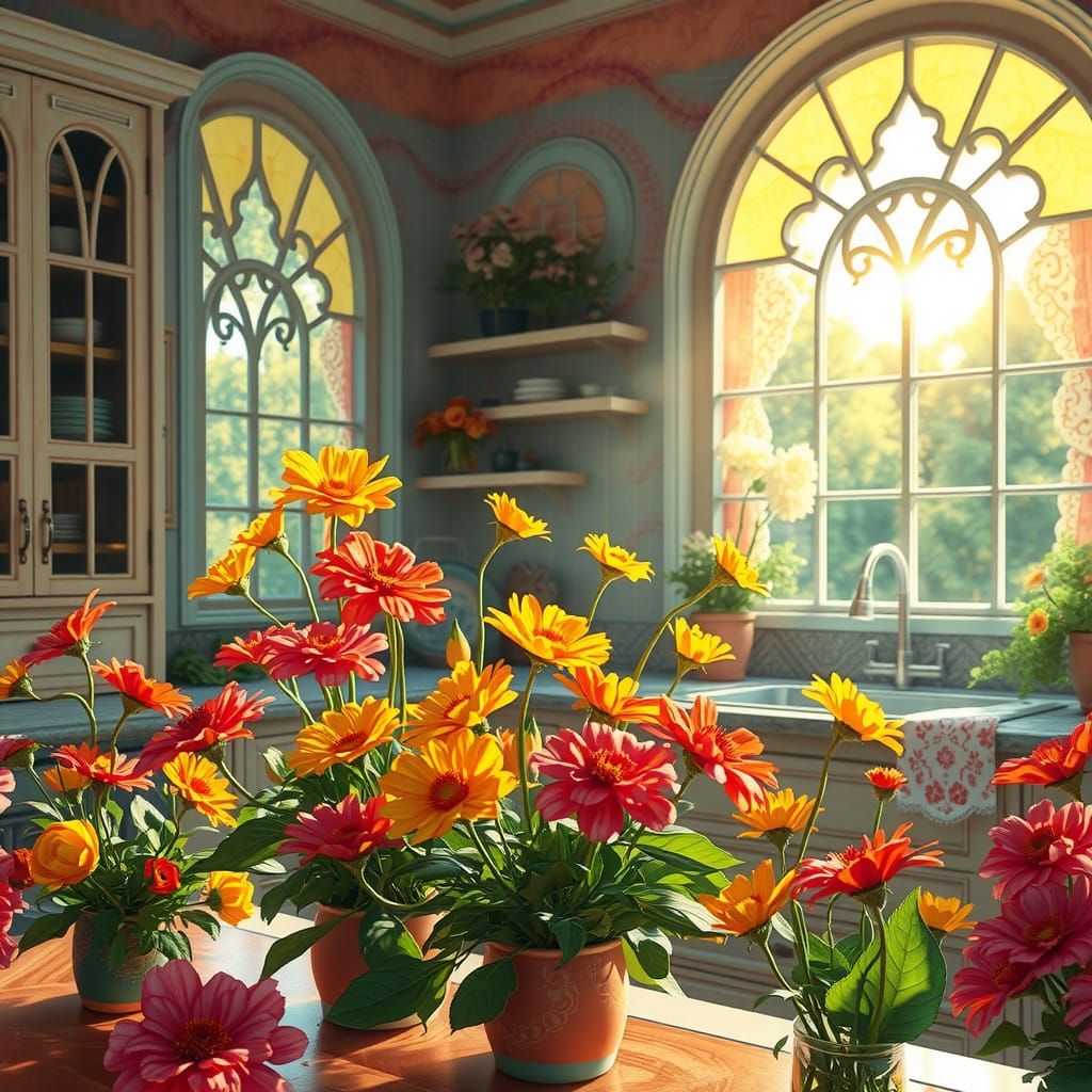 Hyperrealistic Flowers Bloom in a Sunny Kitchen