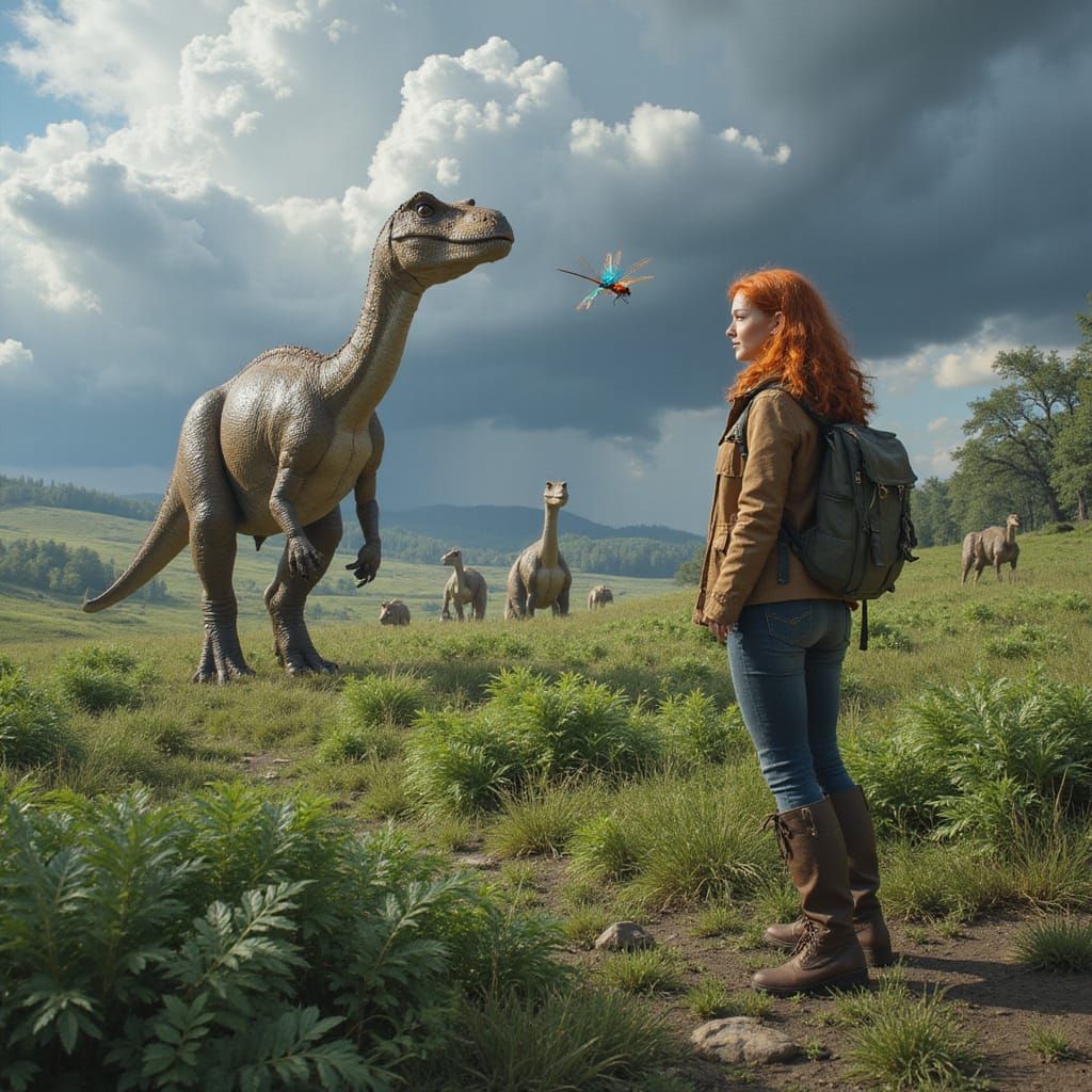 Paleontologist in a Fantastical Fern Prairie