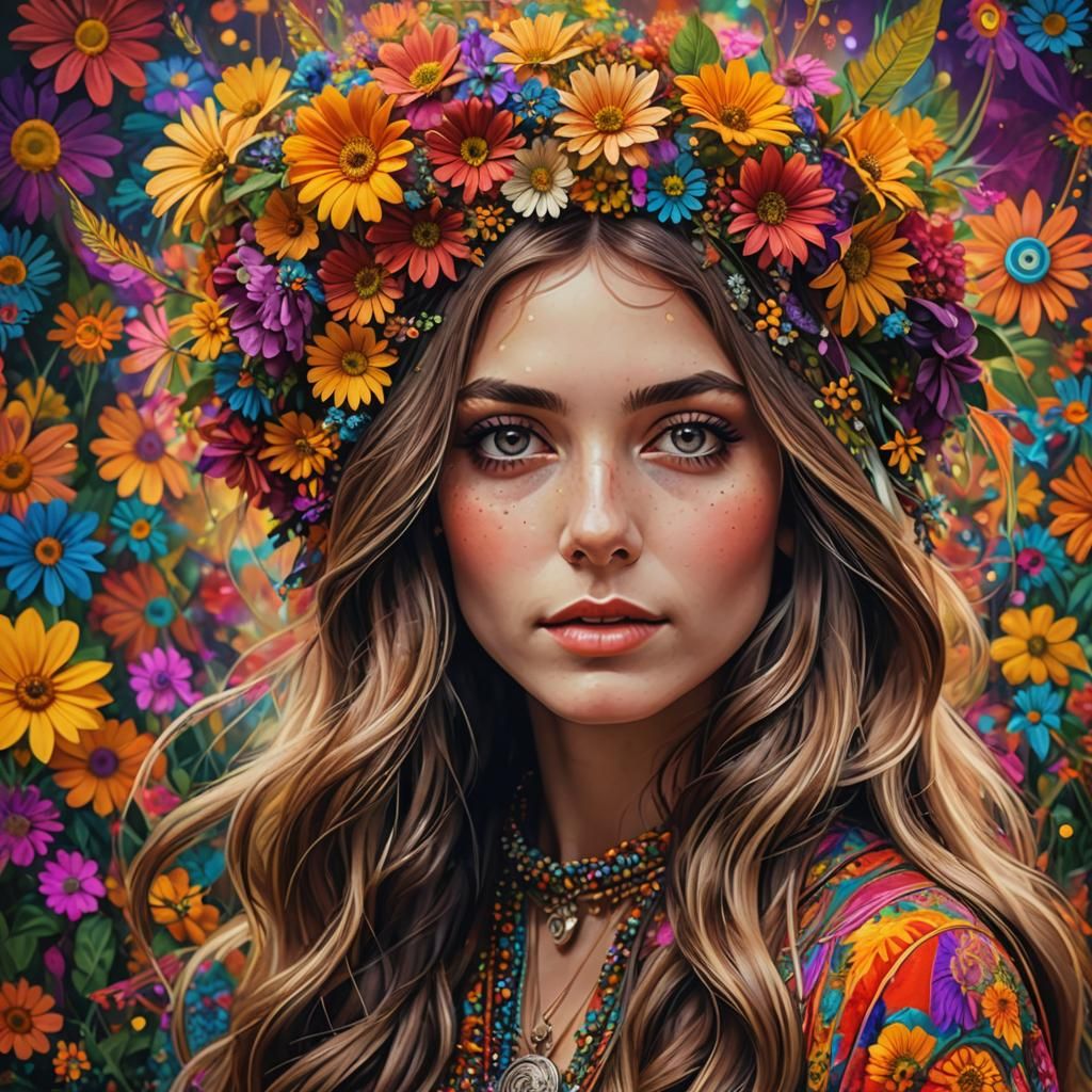 Hippy Flower Girl with Psychedelic Background