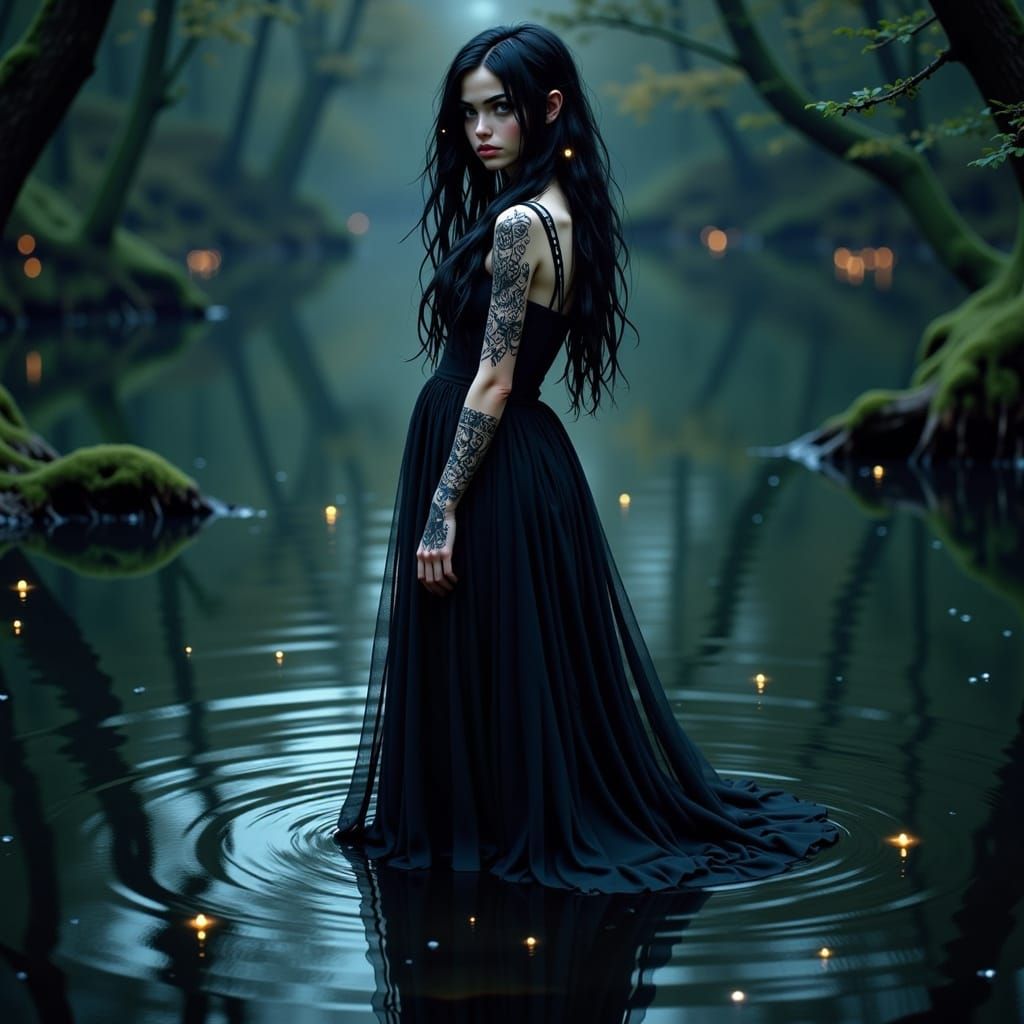 Mysterious Dark Witch in Bioluminescent Garb Stands on Lake'...