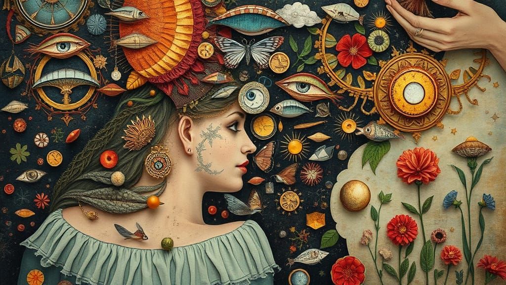 Cosmic Surrealist Collage in Vibrant, Symbolic Bio-Art