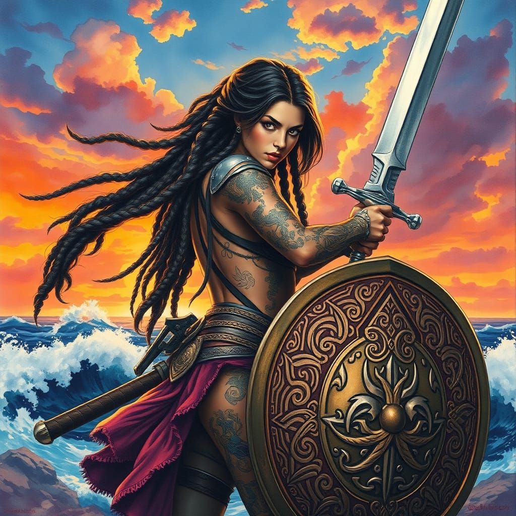 Latina Warrior in Hyperdetailed Watercolor Seascape