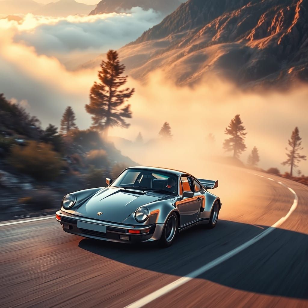 Elegant Porsche 930 Turbo Speeds Through Foggy Mountainside