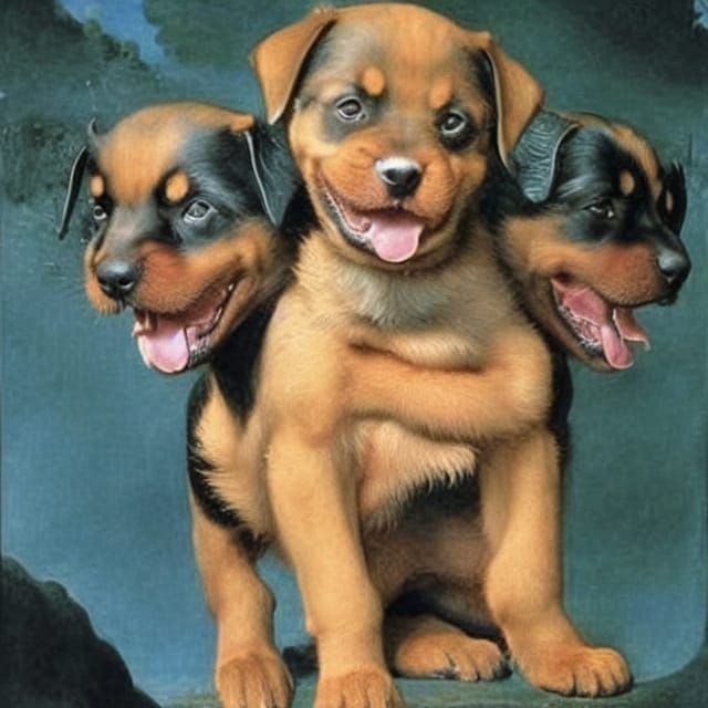 Three-Headed Rottweiler Puppy in Baroque Style