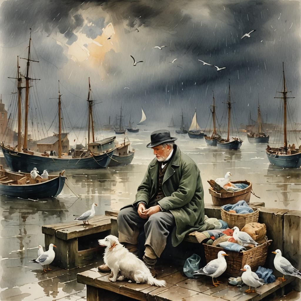 Dockside Bench Scene in Turner-esque Watercolour