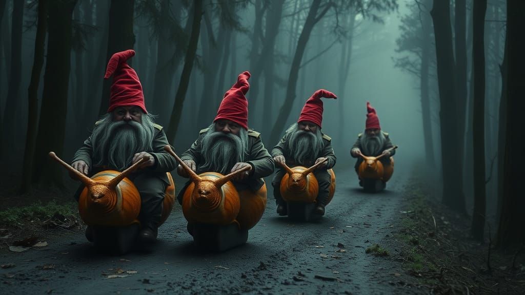 Gnomes Ride Snails Through Dark Forest in Cinematic Style