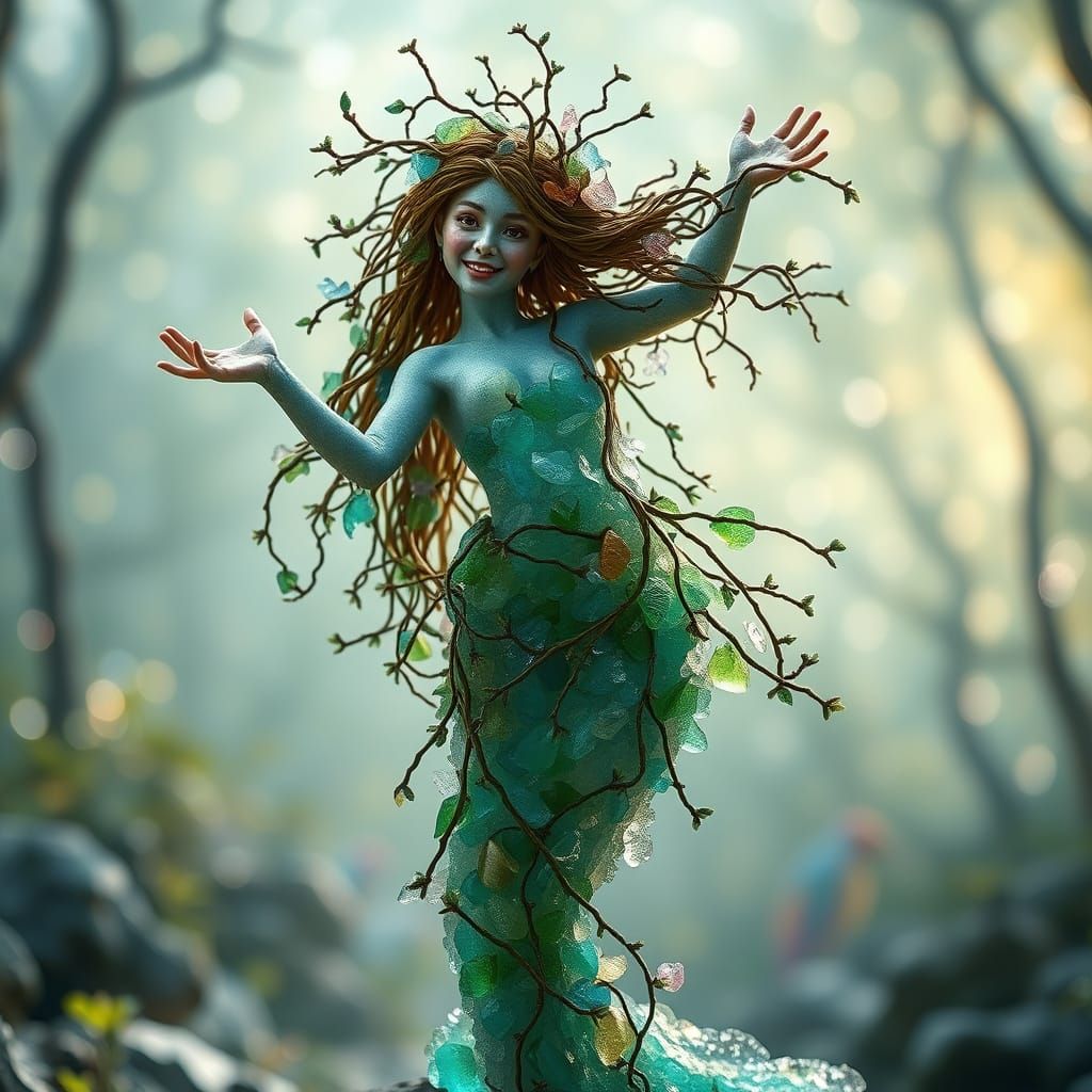 Mythical Sea Glass Nymph in Ancient Forest