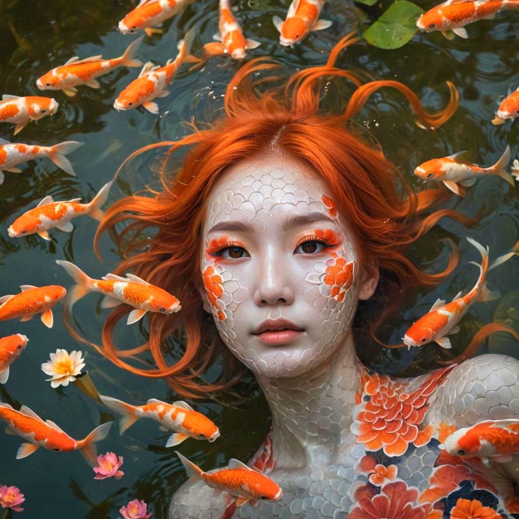 Surreal Koi Creature in Asian Fantasy Pond