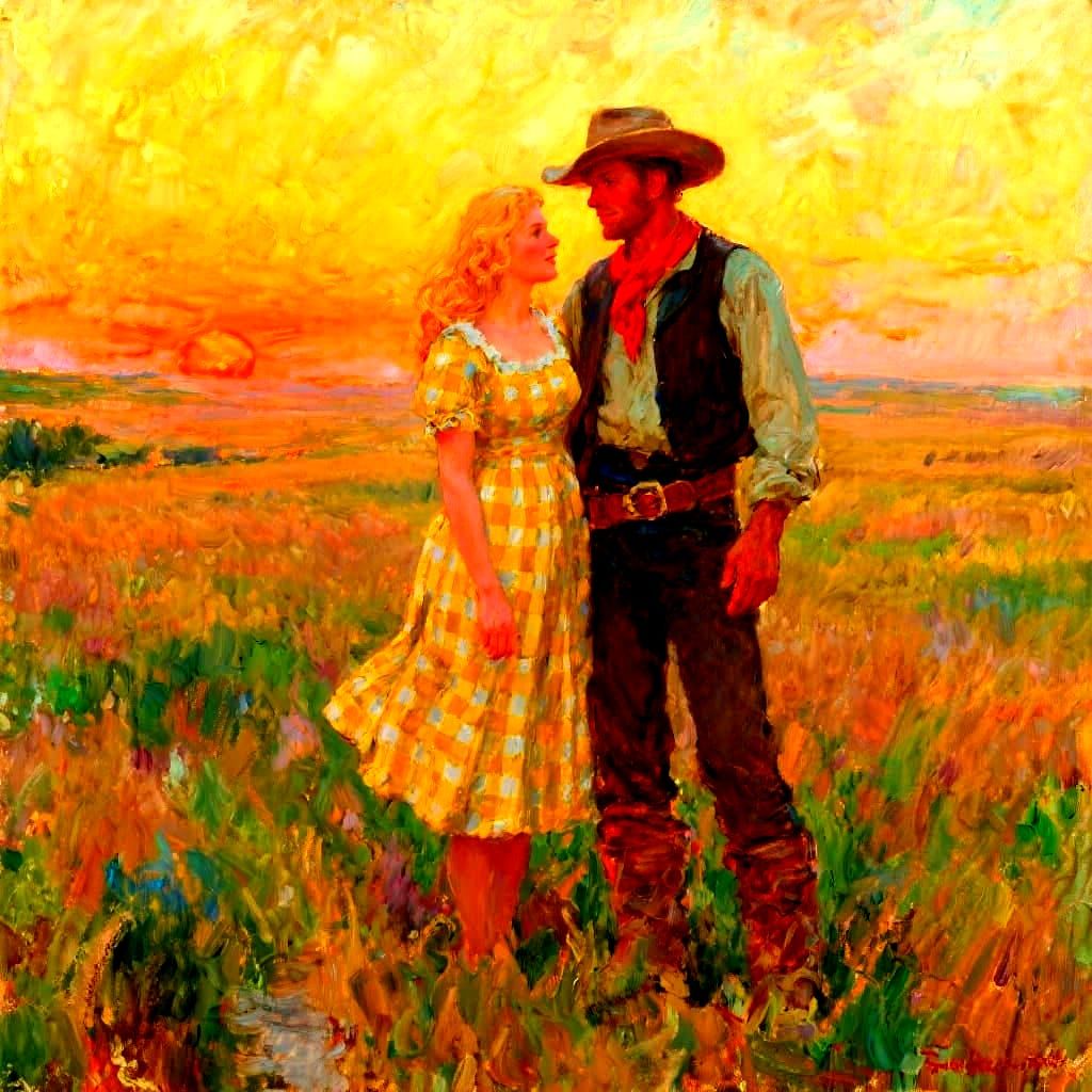 Cowboy and Woman on Prairie in Impressionistic Style