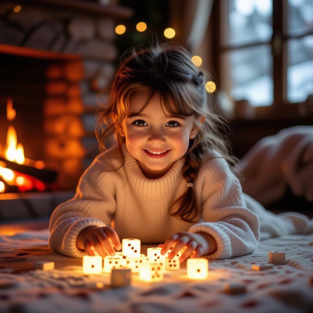 Magical Eurasian Girl Playing with Glowing Tiles