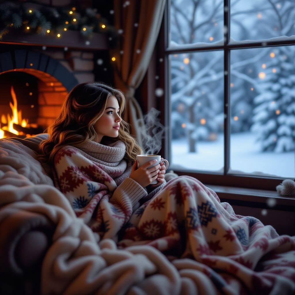 Cozy Winter Scene: Girl with Hot Chocolate by Fireplace