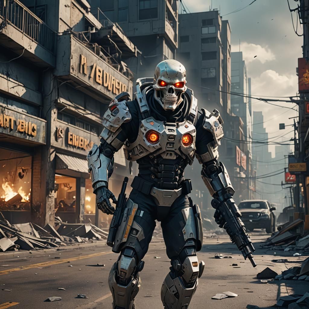 Cyborg Soldier in Post-Apocalyptic Suburb: Matte Painting