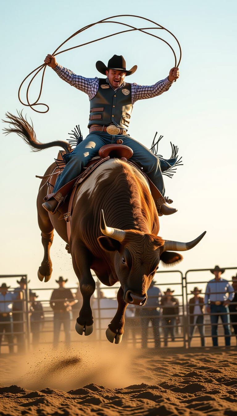 Dynamic Sculpture of Cowboy Riding Bucking Bull