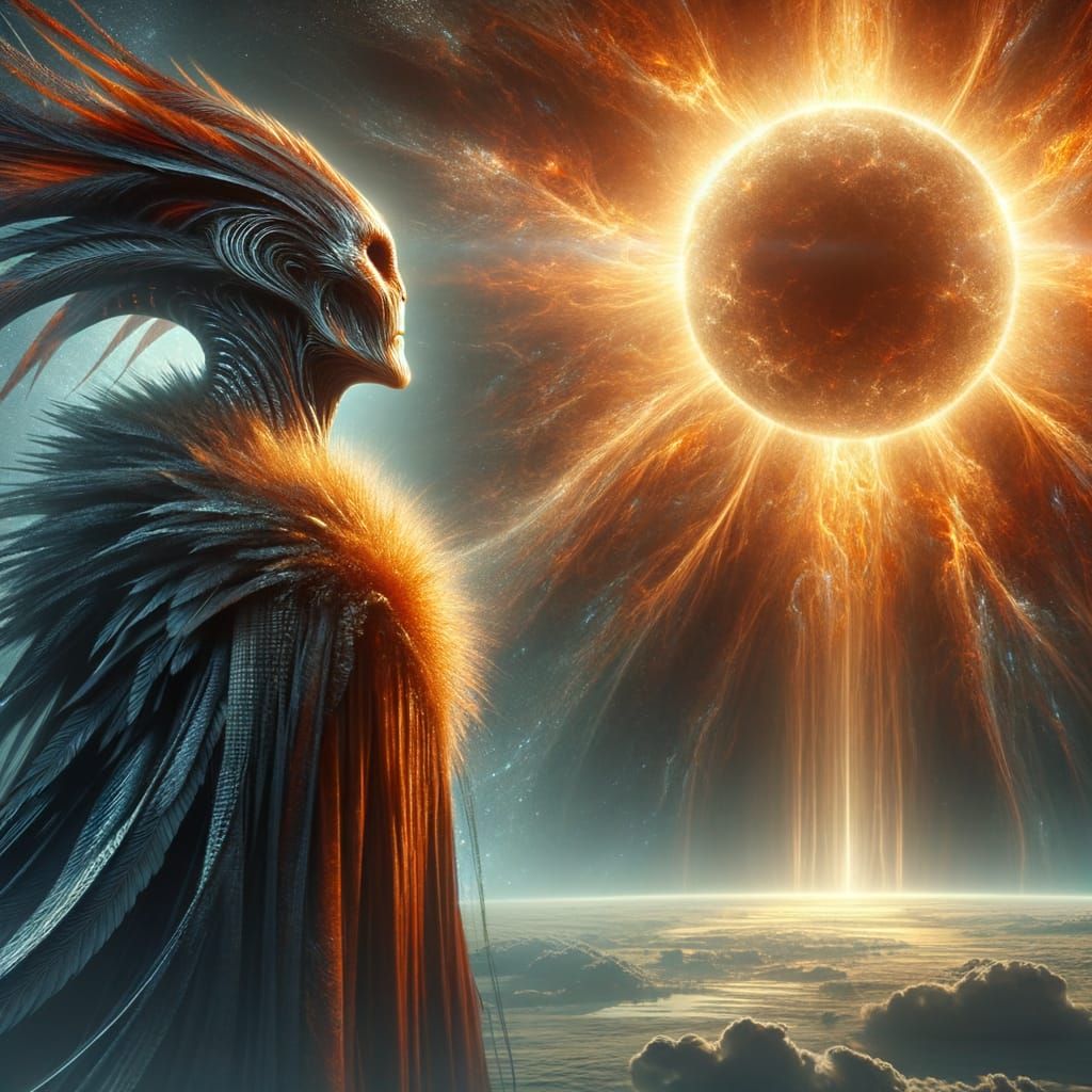 Ethereal Regal Alien Amidst Pulsating Sun in Dramatic Digita...