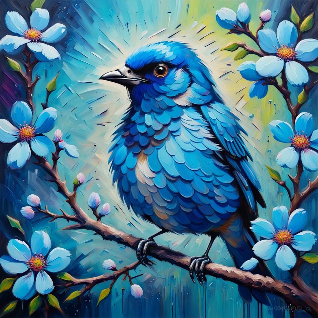Stylized Blue Blossom Bird Portrait in Oil Paint