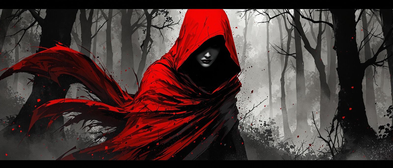 Red Cloaked Assassin in Dystopian Forest, Graphic Novel Art