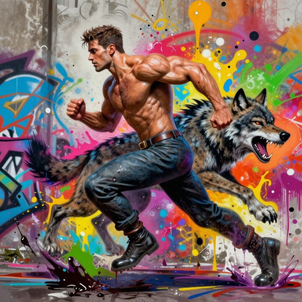 Man Flees Growling Werewolf Amidst Graffiti Art