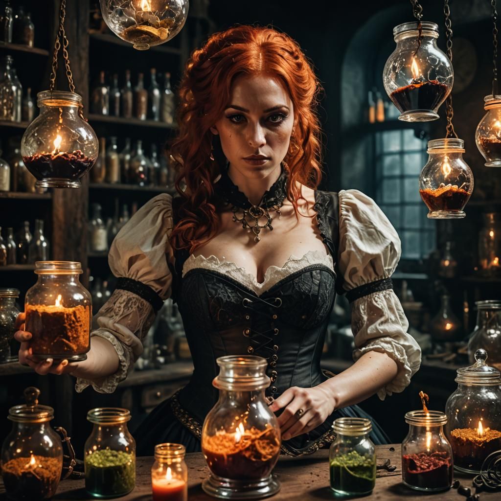 Alchemist Woman in Studio: Cinematic Film Still