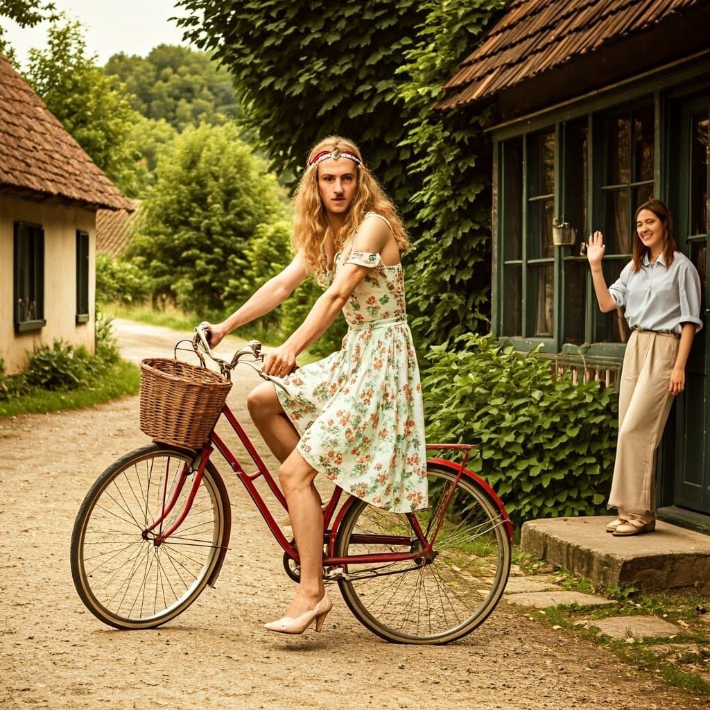 Crossdressing Man Rides Bicycle Through Picturesque Village