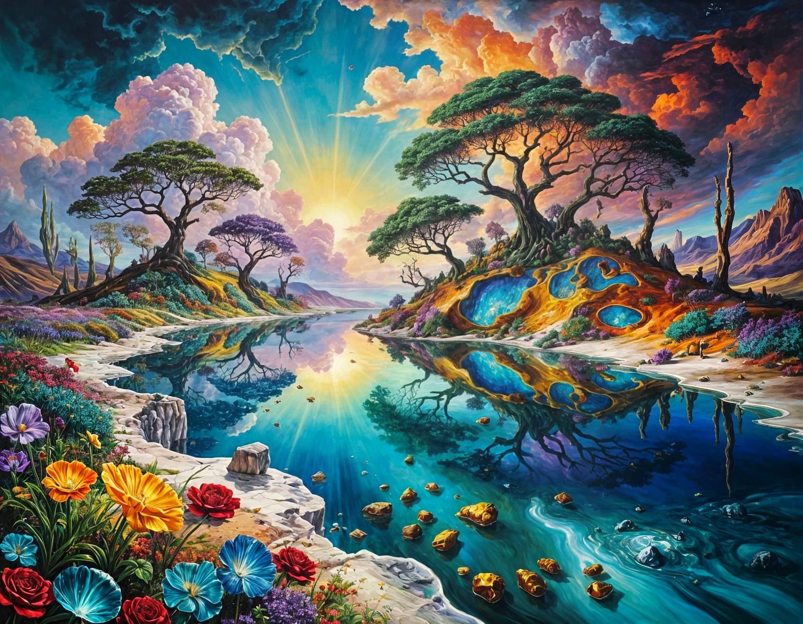 Surreal Gemstone Painting of Vibrant Emerald Forest