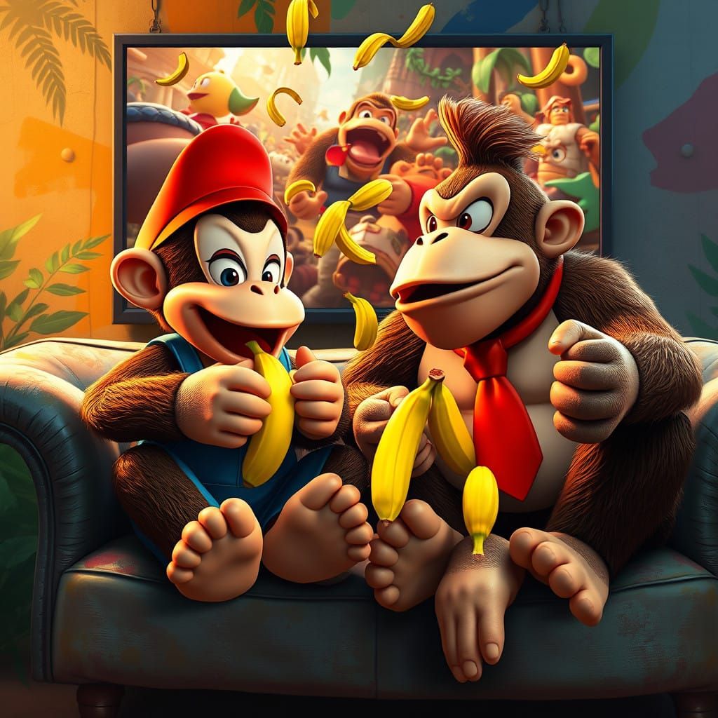 Hyperrealistic Diddy Kong and Donkey Kong Enjoying Bananas a...