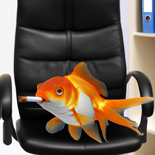 Anthropomorphic Goldfish sitting in an office in a business chair  with a cigar in it’s mouth