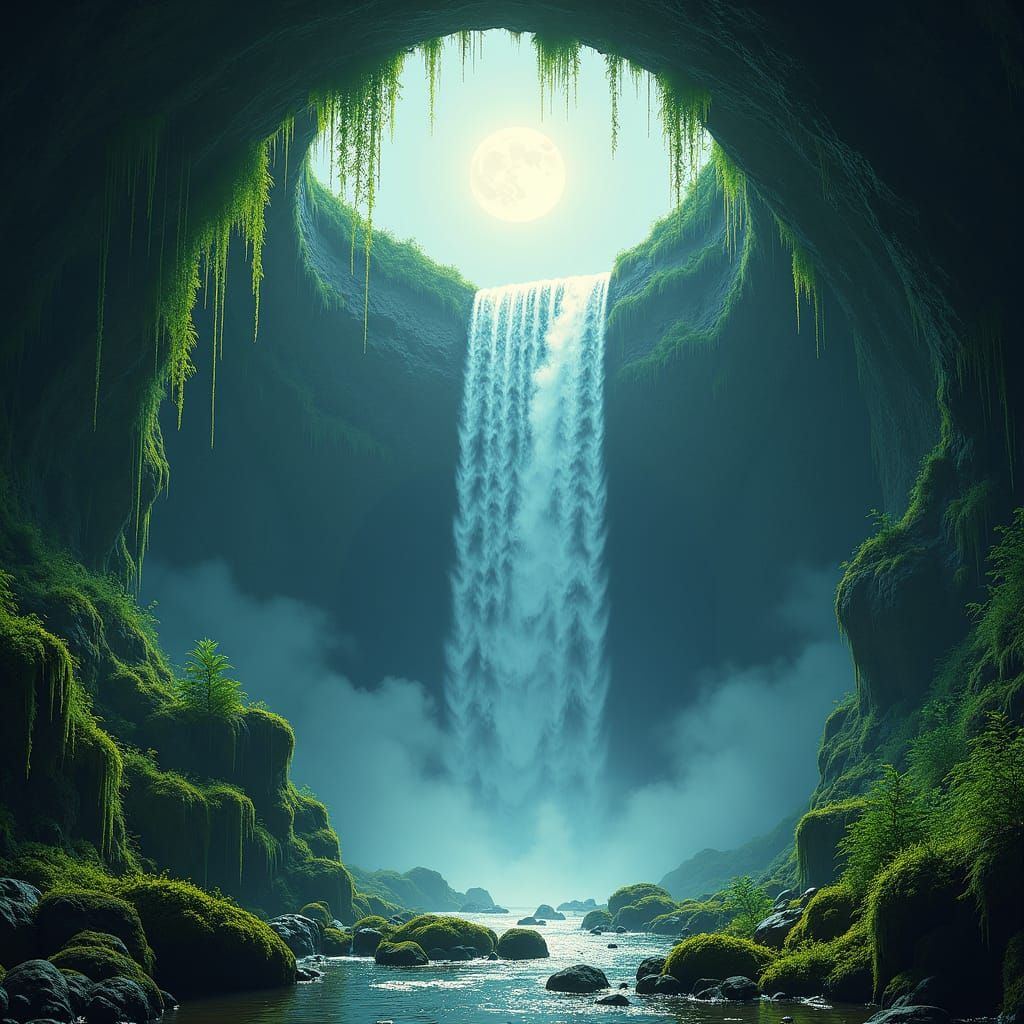 Moonlit Waterfall in Ethereal Cave